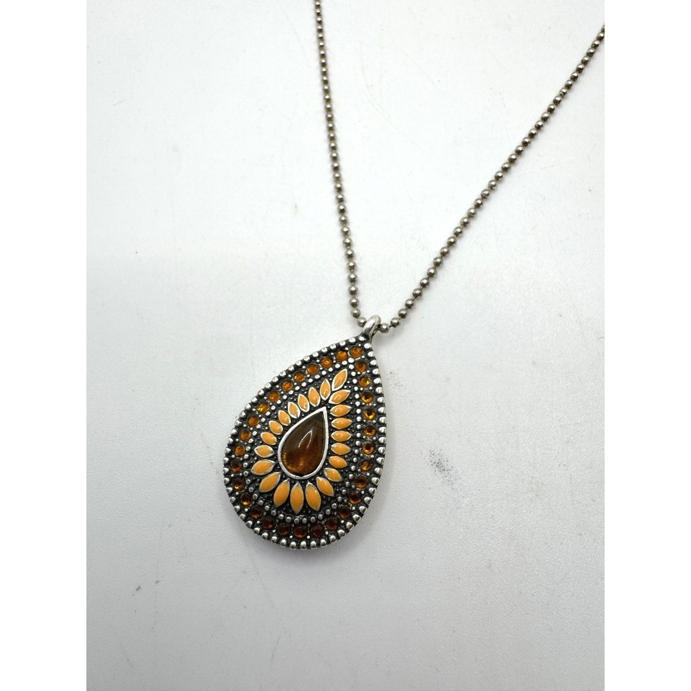 Sterling Silver 925 Italy Amber Enamel Teardrop Boho Ball Chain Necklace 18"